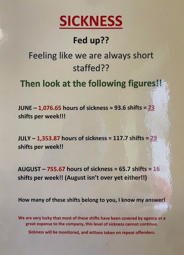 worst bosses - managers from hell - menu - Sickness Fed up?? Feeling we are always short staffed?? Then look at the ing figures!! June 1,076.65 hours of sickness 93.6 shifts 23 shifts per week!!! July 1,353.87 hours of sickness 117.7 shifts 29 shifts per 