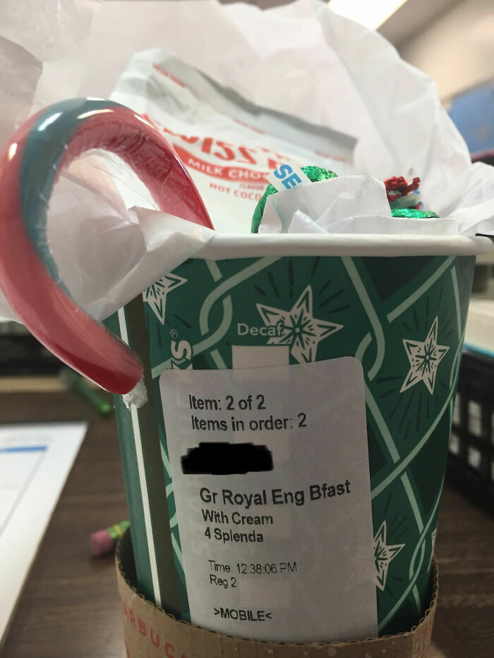 Boss Gave Us Our "Holiday" Present In Her Washed Out Starbucks Cups. Gift Was Swissmiss, A Candy Cane, And Hershey Kisses