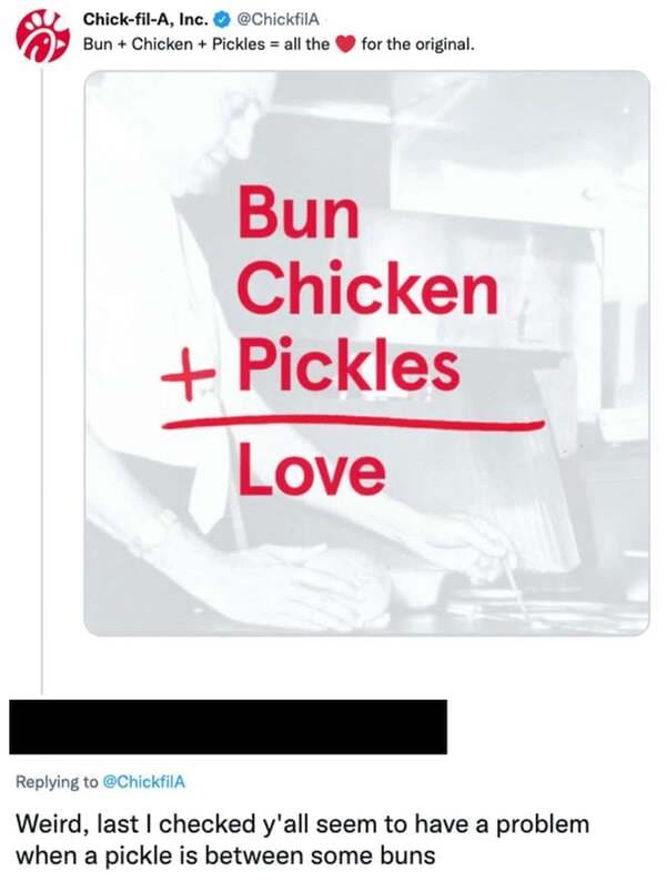 comments that nailed it - paper - ChickfilA, Inc. Bun Chicken Pickles all the for the original. Bun Chicken Pickles Love Weird, last I checked y'all seem to have a problem when a pickle is between some buns