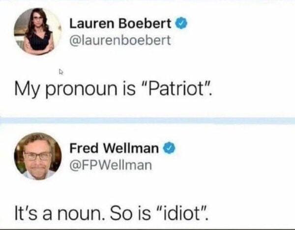 comments that nailed it - my pronoun is patriot - Lauren Boebert My pronoun is "Patriot". Fred Wellman It's a noun. So is "idiot".