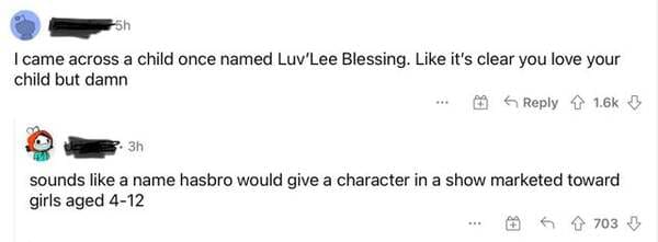 comments that nailed it - diagram - 5h I came across a child once named Luv'Lee Blessing. it's clear you love your child but damn 3h sounds a name hasbro would give a character in a show marketed toward girls aged 412 703
