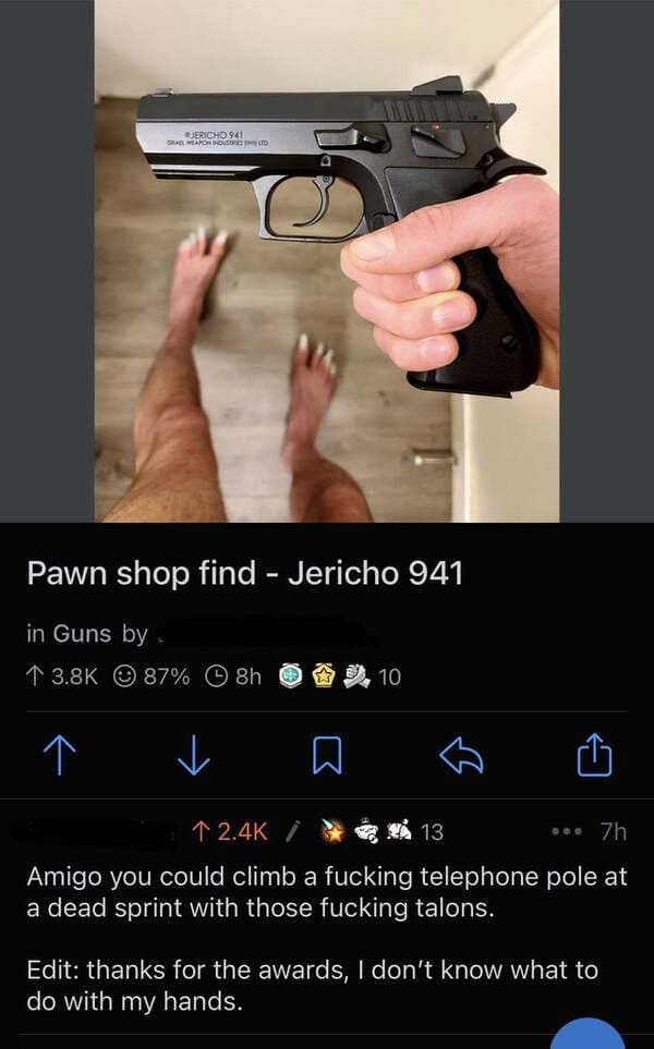 comments that nailed it - matt death note - Jericho 941 Samoroso Pawn shop find Jericho 941 in Guns by 1 87% 8h ch 13 ... Zh Amigo you could climb a fucking telephone pole at a dead sprint with those fucking talons. Edit thanks for the awards, I don't kno