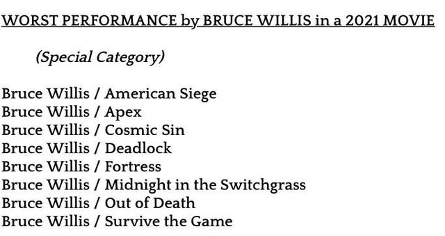 unlucky people - nh3 hf nh4 f - Worst Performance by Bruce Willis in a 2021 Movie Special Category Bruce Willis American Siege Bruce Willis Apex Bruce Willis Cosmic Sin Bruce Willis Deadlock Bruce Willis Fortress Bruce Willis Midnight in the Switchgrass B