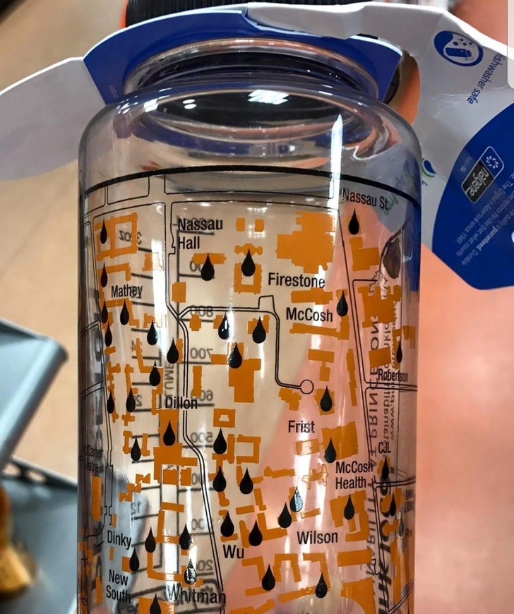 “This college made a water bottle with a map of the campus on it. It also shows places where you can fill it up.”