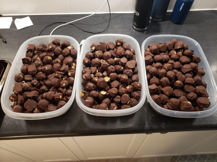 “I made 20.144 lb of chocolate peanut butter balls for family and friends this Christmas.”