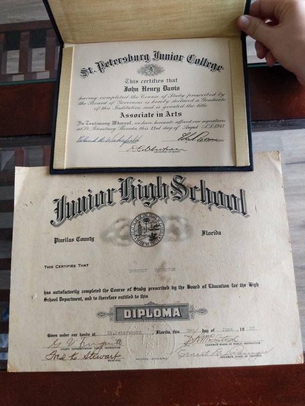 Bought our first home this week and found these in the attic. 84 year old and 74 year old diplomas still in pretty good shape.