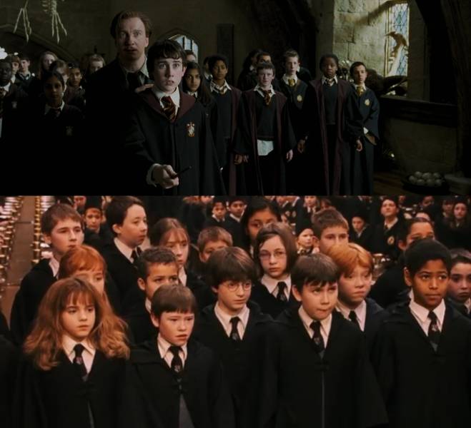 "For Harry Potter and the Prisoner of Azkaban (2004), Alfonso Cuarón asked the kids playing the Hogwarts students to wear their uniforms as they would if their parents weren't around. This is in sharp contrast to the first two films; were they wore their uniforms in a very orderly fashion."