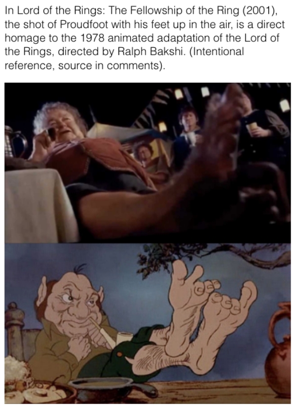 movie details - lord of the rings proudfoot 1978 - In Lord of the Rings The Fellowship of the Ring 2001, the shot of Proudfoot with his feet up in the air, is a direct homage to the 1978 animated adaptation of the Lord of the Rings, directed by Ralph Baks