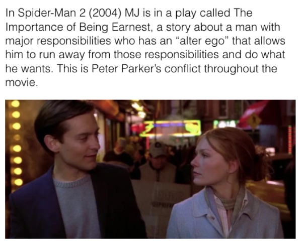 movie details - spider man 2 mary jane and peter - In SpiderMan 2 2004 Mj is in a play called The Importance of Being Earnest, a story about a man with major responsibilities who has an alter ego" that allows him to run away from those responsibilities an