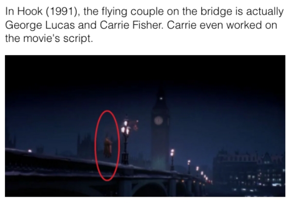 movie details - sky - In Hook 1991, the flying couple on the bridge is actually George Lucas and Carrie Fisher. Carrie even worked on the movie's script.