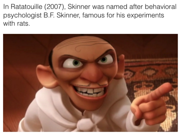 movie details - skinner ratatouille - In Ratatouille 2007, Skinner was named after behavioral psychologist B.F. Skinner, famous for his experiments with rats.