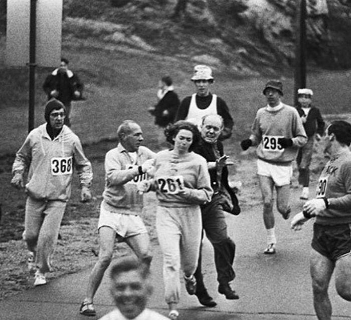 fascinating photos form history  - Marathon Officials Try To Stop Katherine Switzer From Competing In The All-Male Boston Marathon