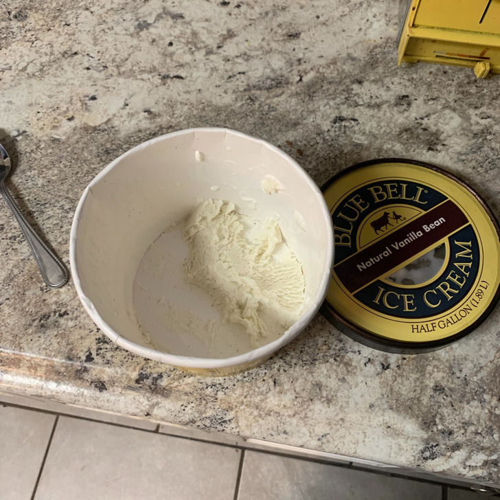 “Got my favorite kind of ice cream and got one bowl out of it. My roommate’s kids got a hold of it. This is what I have left.”