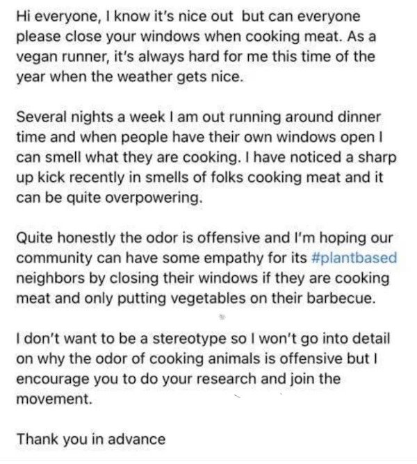 entitled people - The English Teacher - Hi everyone, I know it's nice out but can everyone please close your windows when cooking meat. As a vegan runner, it's always hard for me this time of the year when the weather gets nice. Several nights a week I am
