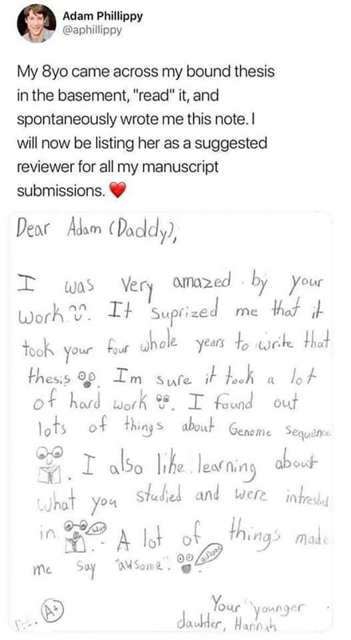 A man's son gives his thesis his stamp of approval, doodles included. 
