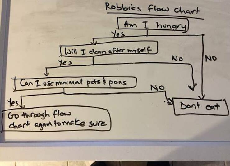 "My wife made me a passive aggressive flow chart to use every time I get hungry"