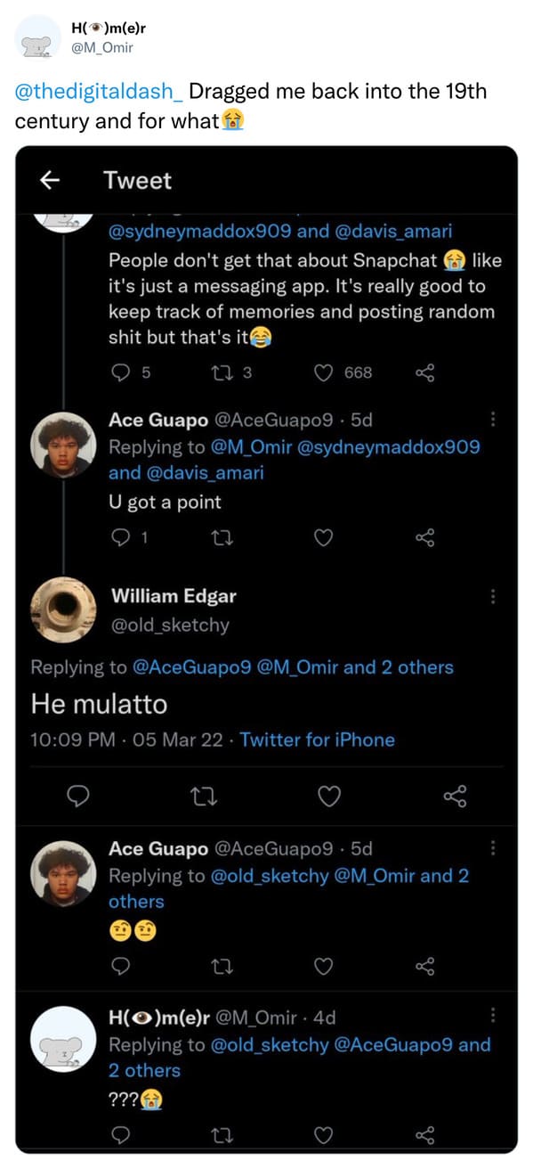 savage insults - screenshot - Hmer me back into the 19th century and for what Tweet and People don't get that about Snapchat it's just a messaging app. It's really good to keep track of memories and posting random shit but that's it 5 123 668 Ace Guapo . 