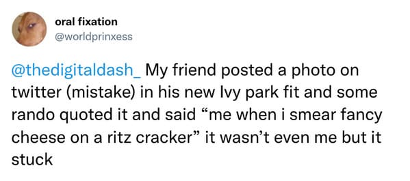 savage insults - paper - oral fixation My friend posted a photo on twitter mistake in his new Ivy park fit and some rando quoted it and said me when i smear fancy cheese on a ritz cracker it wasn't even me but it stuck