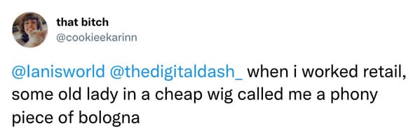 savage insults - billie eilish bad tweets - that bitch when i worked retail, some old lady in a cheap wig called me a phony piece of bologna