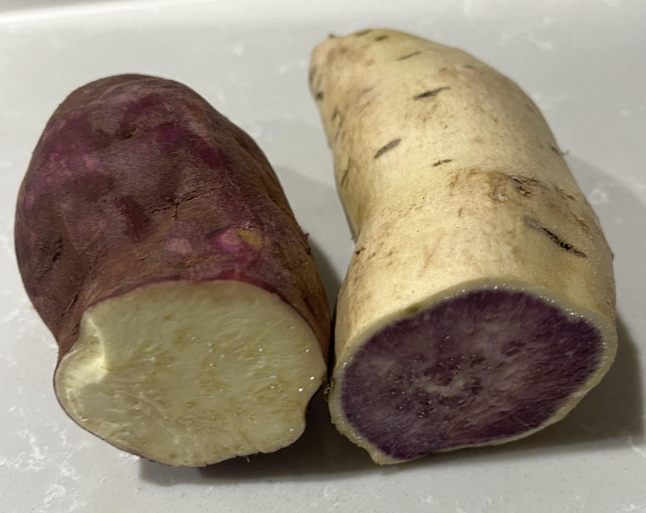 “The white sweet potato has a purple inside and the purple sweet potato has a white inside.”