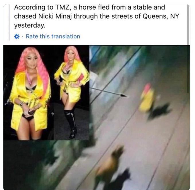 funny and wtf news headlines --  nicki minaj running from a horse - According to Tmz, a horse fled from a stable and a chased Nicki Minaj through the streets of Queens, Ny yesterday. . Rate this translation