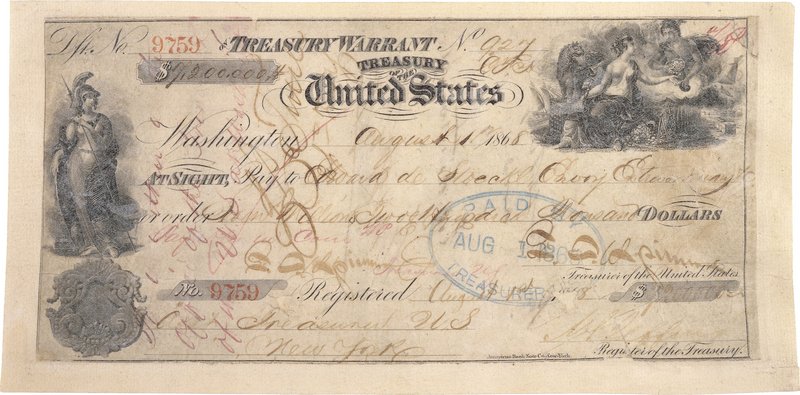 fascinating photos - In 1867, the United States purchased Alaska from the Russian Empire using this check. The US paid $7.2 million (roughly $133 million in 2020 USD) for nearly 365 million acres of land. That’s less than 2 cents per acre in 1867, or abou