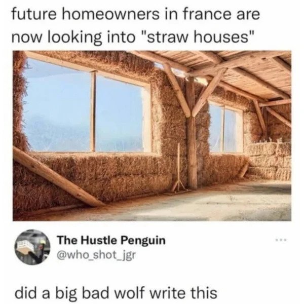funny comments - savage replies - Designboom - future homeowners in france are now looking into "straw houses" The Hustle Penguin did a big bad wolf write this