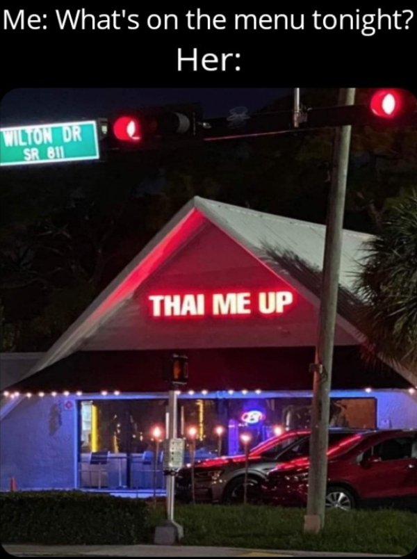 dirty memes - night - Me What's on the menu tonight? Her Wilton Dr SR811 Thai Me Up
