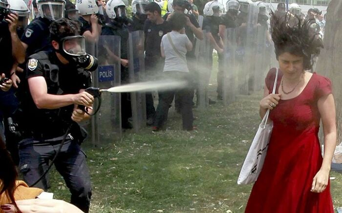 ordinary people shaping history --  On 28 May 2013 during the Turkish Occupy Gezi protests, the "woman in red", Ceyda Sungur, was pepper sprayed by police, which became the defining photo of the movement. The protests began against development of Gezi Par