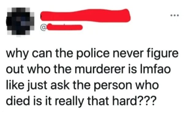 very dumb people - diagram - why can the police never figure out who the murderer is Imfao just ask the person who died is it really that hard???