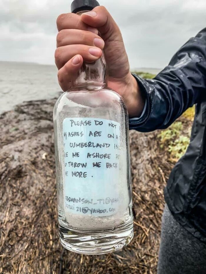 This Washed Ashore From ‘Dorian’. “Please Don’t Open Me, My Ashes Are On A Journey, I Started At Cumberland Island, So If You See Me Ashore, Please Snap A Picture, Email It & Throw Me Back So I Can Travel Some More”