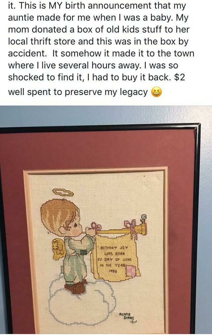 lost and found - found treasures - cartoon - it. This is My birth announcement that my auntie made for me when I was a baby. My mom donated a box of old kids stuff to her local thrift store and this was in the box by accident. It somehow it made it to the