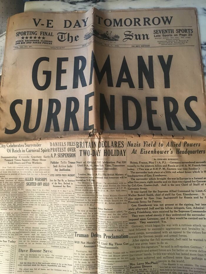 lost and found - found treasures - germany surrenders newspaper