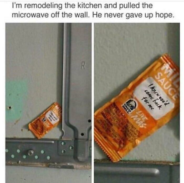 lost and found - found treasures - taco bell sauce meme - I'm remodeling the kitchen and pulled the microwave off the wall. He never gave up hope. R 3 Hace ms for me Lomc back I knew you'd Sauce Live
