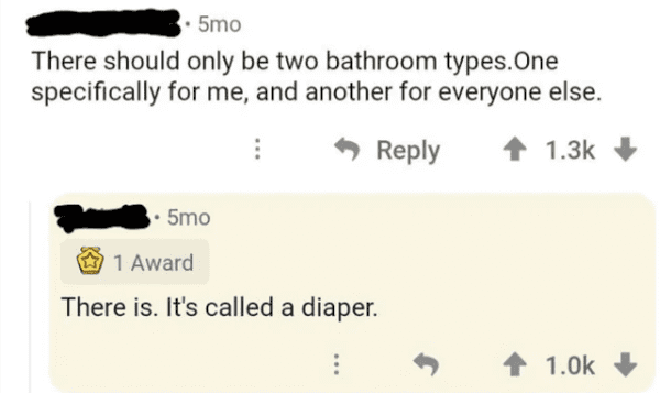 funny comments - paper - 2.5mo There should only be two bathroom types. One specifically for me, and another for everyone else. 5mo 1 Award There is. It's called a diaper. 1.Ok