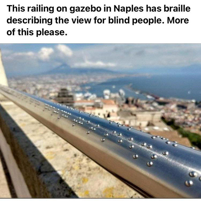 feel good photos - railing on gazebo in naples - This railing on gazebo in Naples has braille describing the view for blind people. More of this please.