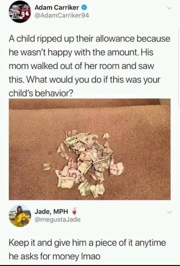 relatable memes -allowance memes - A Adam Carriker 1294 A child ripped up their allowance because he wasn't happy with the amount. His mom walked out of her room and saw this. What would you do if this was your child's behavior? Jade, Mph Keep it and give