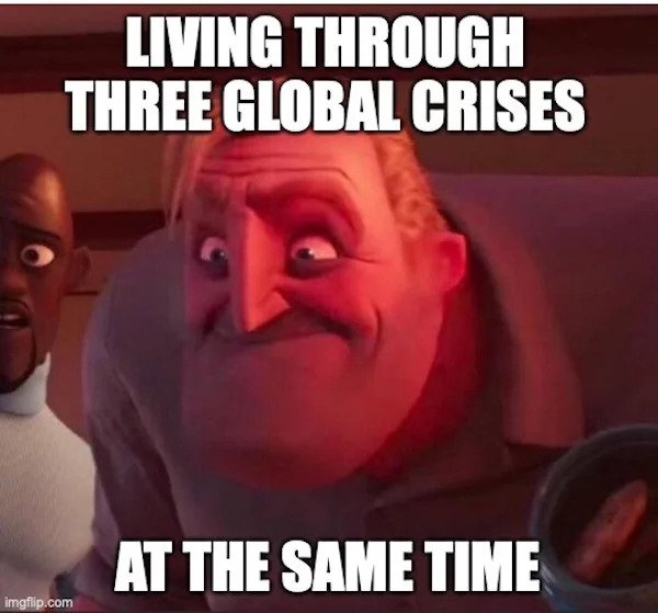 relatable memes -photo caption - Living Through Three Global Crises At The Same Time imgflip.com