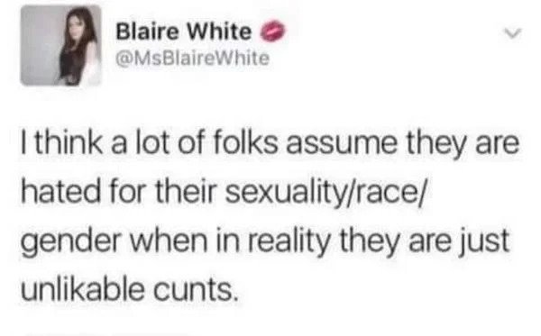 relatable memes -paper - Blaire White I think a lot of folks assume they are hated for their sexualityrace gender when in reality they are just unlikable cunts.