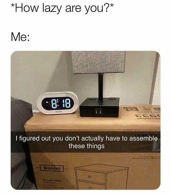 relatable memes -ikea funny meme - How lazy are you? Me 8 18 Sao I figured out you don't actually have to assemble these things Daniel