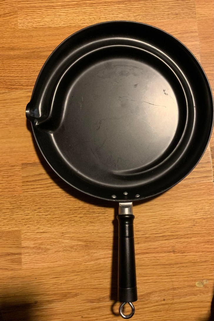 “What kind of pan is this, and what is it used for?” Answer: “It allows you to pour off liquids without the stuff you’re cooking to block the spout.”