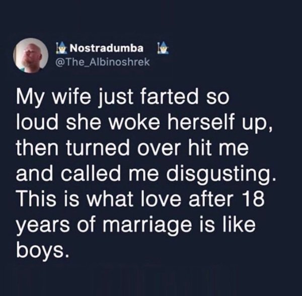 dad memes - atmosphere - Nostradumba My wife just farted so loud she woke herself up, then turned over hit me and called me disgusting. This is what love after 18 years of marriage is boys.