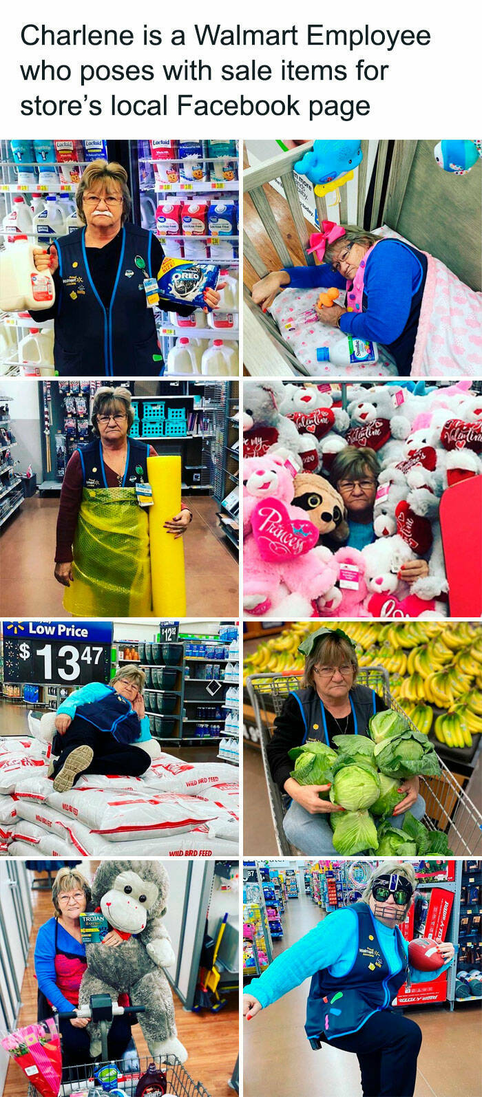 People of Walmart - Charlene is a Walmart Employee who poses with sale items for store's local Facebook page Lex Loctud Lexfuld 21 11 } Se Oreo H...!!! Re vy Woodete es Princess Do Low Price '12 $ 1347 Ge 01 T66 Wd Wd Te Vale Wild Brd Feed 7 Troian Wait
