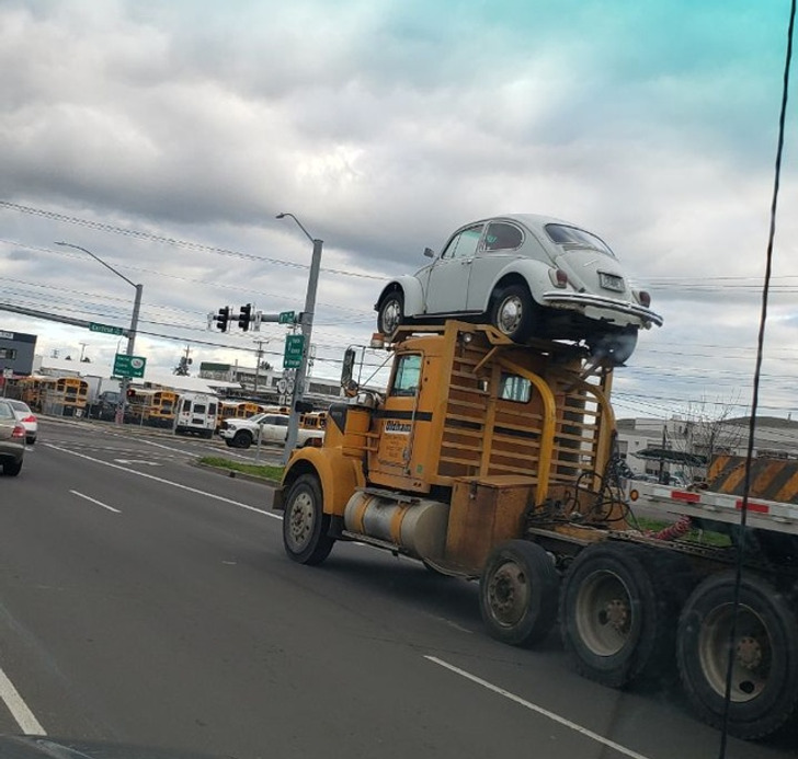 “Rent-a-crane truck parks his car on his roof.”