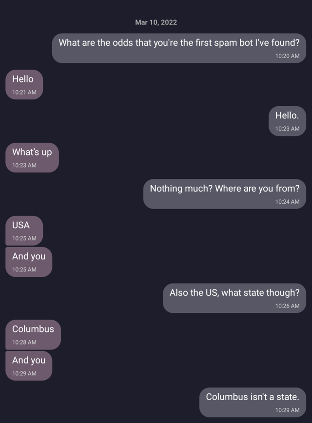 people lying online - screenshot - What are the odds that you're the first spam bot I've found? Hello Hello. What's up Nothing much? Where are you from? Usa And you Also the Us, what state though? Columbus And you Columbus isn't a state.