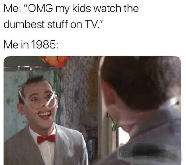 Memes for those over 30 - pee wee's big adventure - Me "Omg my kids watch the dumbest stuff on Tv." Me in 1985