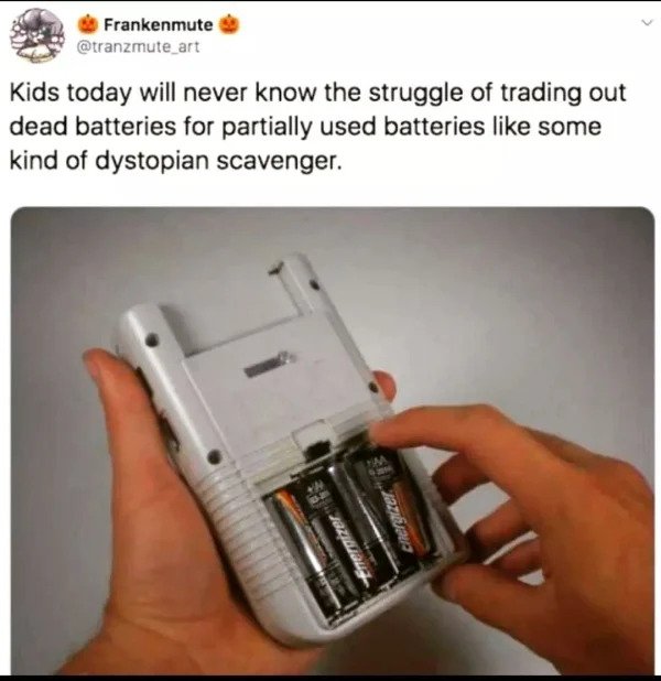 Memes for those over 30 - electronics - Frankenmute Kids today will never know the struggle of trading out dead batteries for partially used batteries some kind of dystopian scavenger. Energizer Lazarus