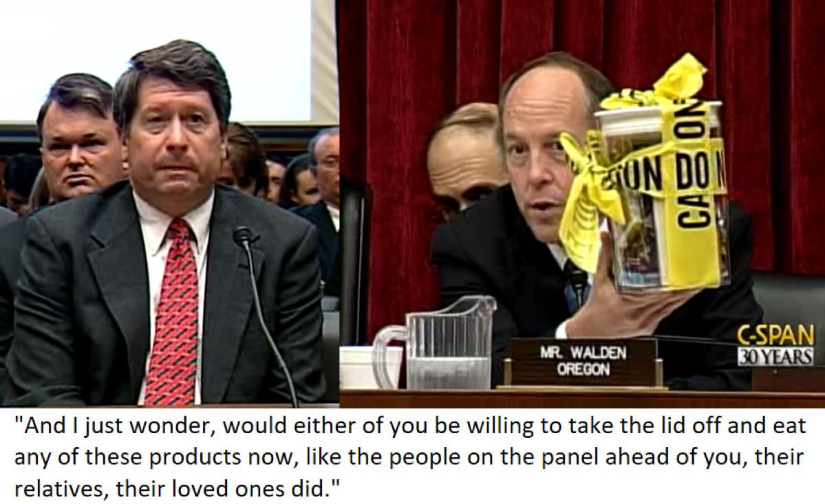 In the late 2000s, peanut company CEO Stewart Parnell caused a Salmonella outbreak by knowingly selling tainted products to save money. Nine people died and 714 others got sick. This is Parnell refusing to talk when a member of Congress challenges him to 