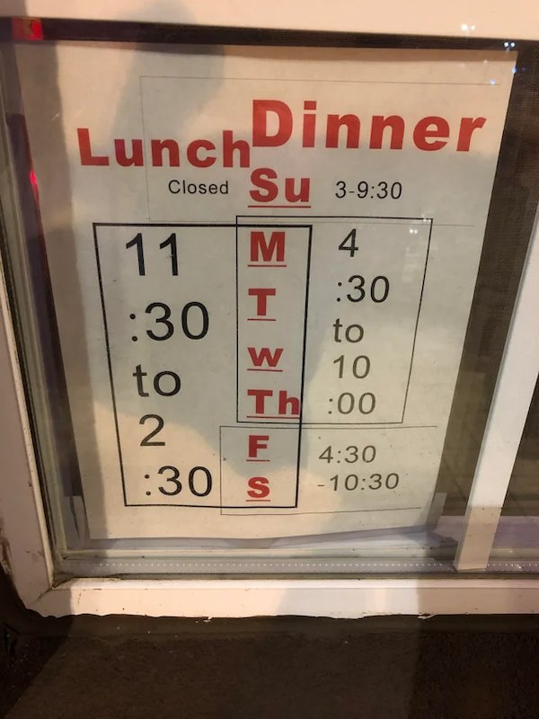 design fails - Lunch Dinner Closed Su 3 11 M 4 T 30 30 to 10 to Th 00 2 F 30 s W