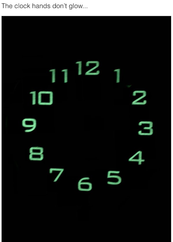 design fails - speedometer - The clock hands don't glow... 121 11 1. 2 10 9 Nm 8. 4 7 6 5 6